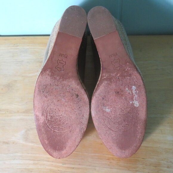 Tory Burch Shoes Wedge Heel Pumps Tan & Beige Leather & Cork Size 7 1/2 M - Picture 13 of 13